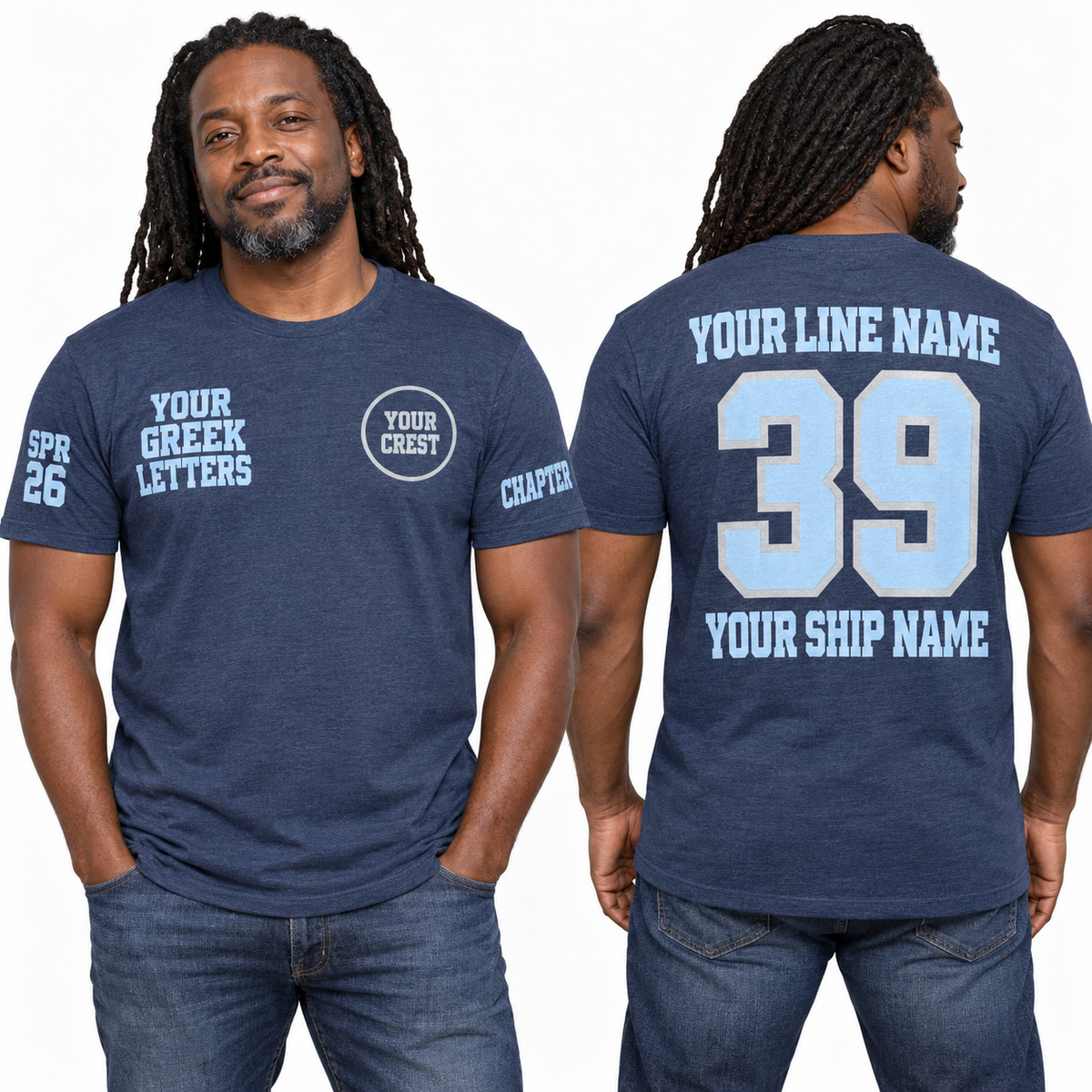 Custom Fraternity Modern Wide Block Heather Navy line name number ship name crossing shirt