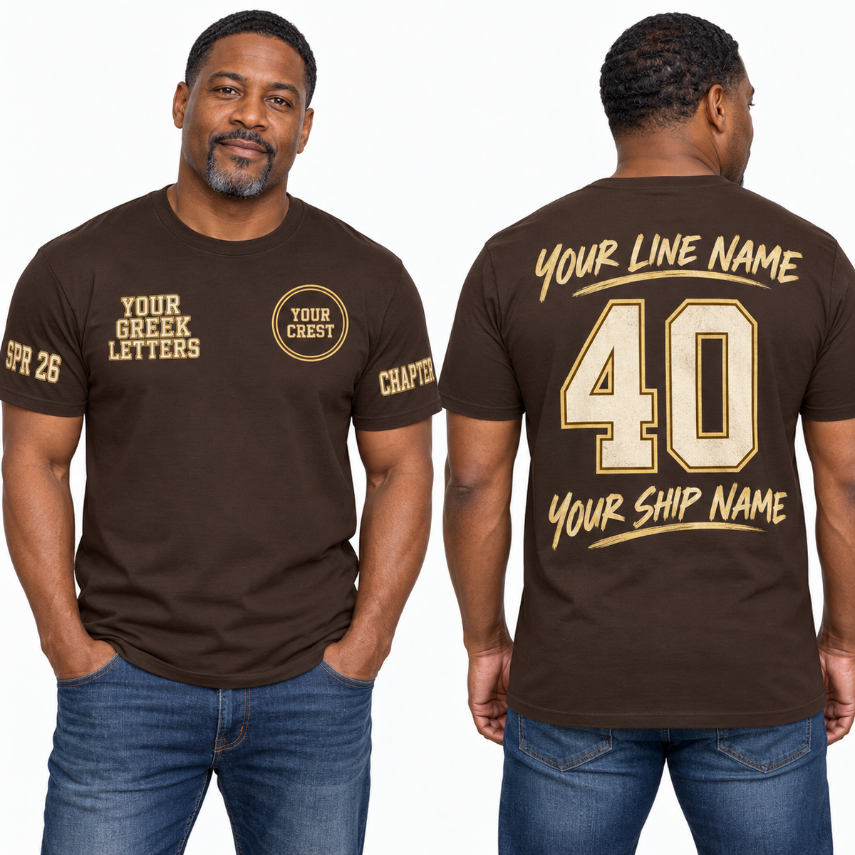 Custom Fraternity Collegiate Inline + Brush Script Dark Chocolate line name number ship name crossing shirt