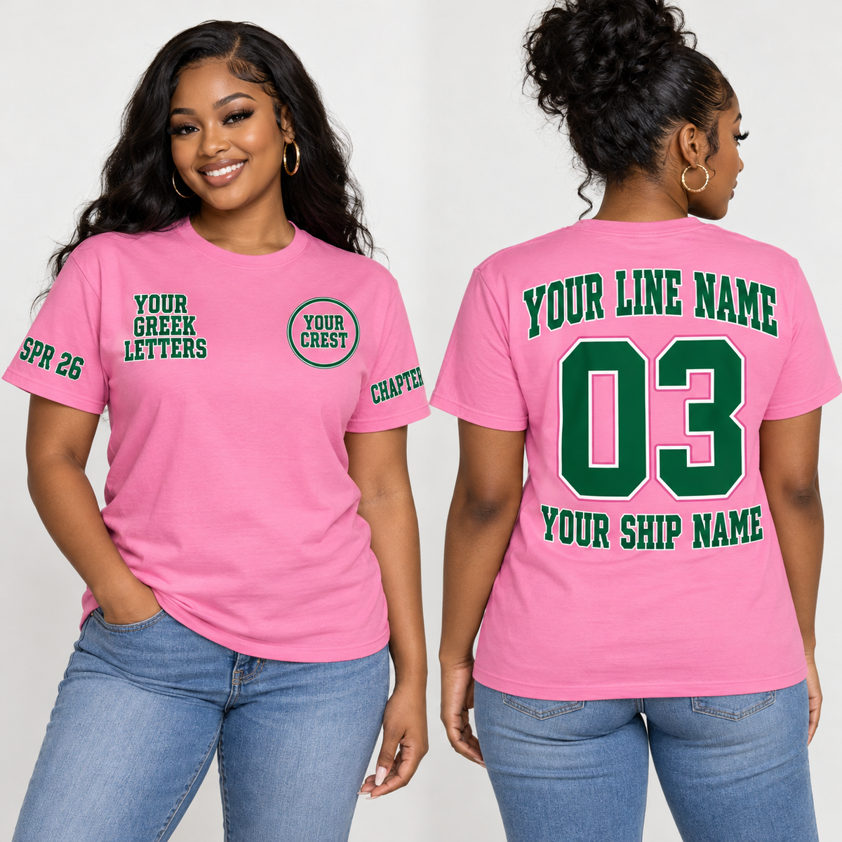 Sorority line shirt Rounded Collegiate Pink with line name number ship name chapter and crossing year