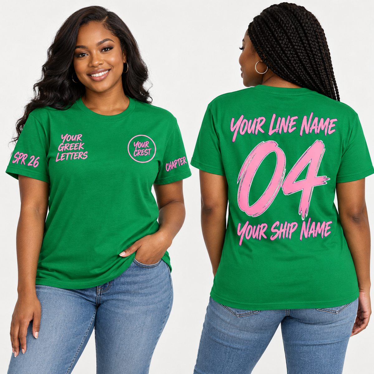 Sorority line shirt Brush Script Kelly Green with line name number ship name chapter and crossing year