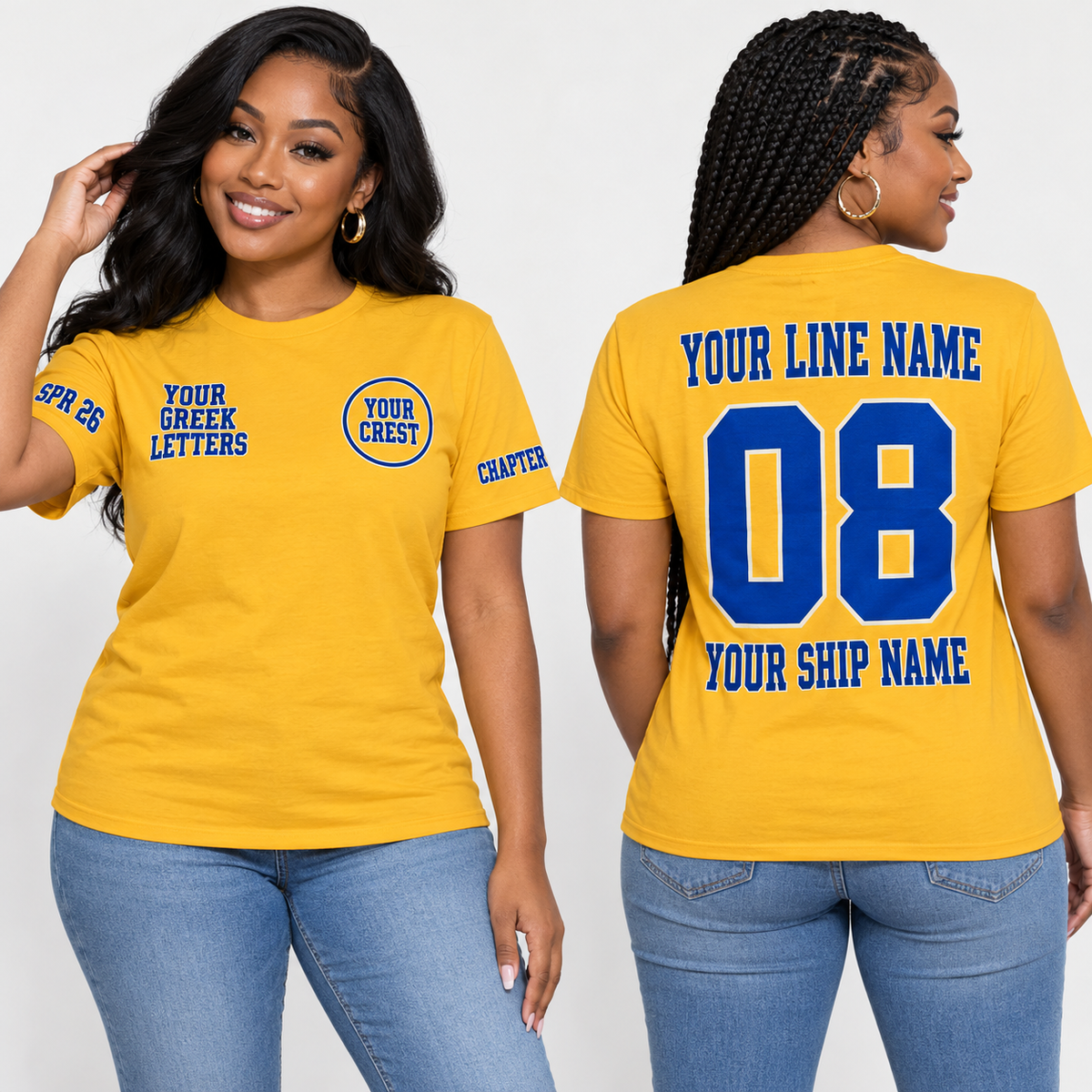 Sorority line shirt Slab Serif Gold with line name number ship name chapter and crossing year