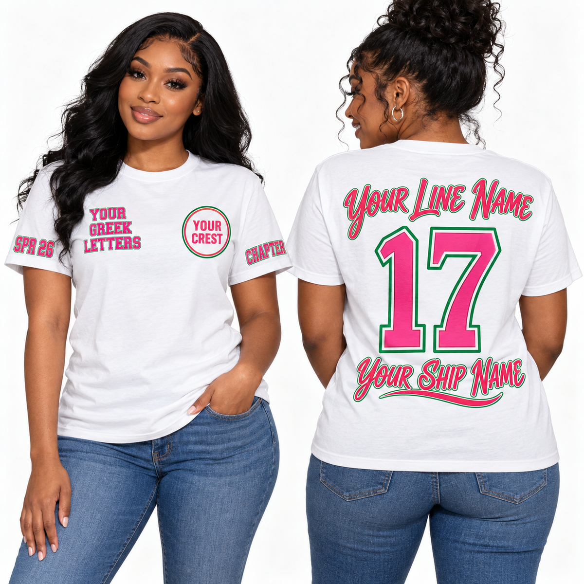 Custom Sorority Mixed Script Block White line name number ship name crossing shirt