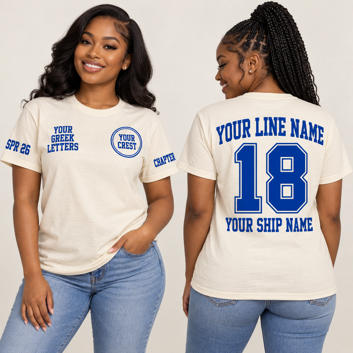 Custom Sorority Vintage Athletic Cream line name number ship name crossing shirt