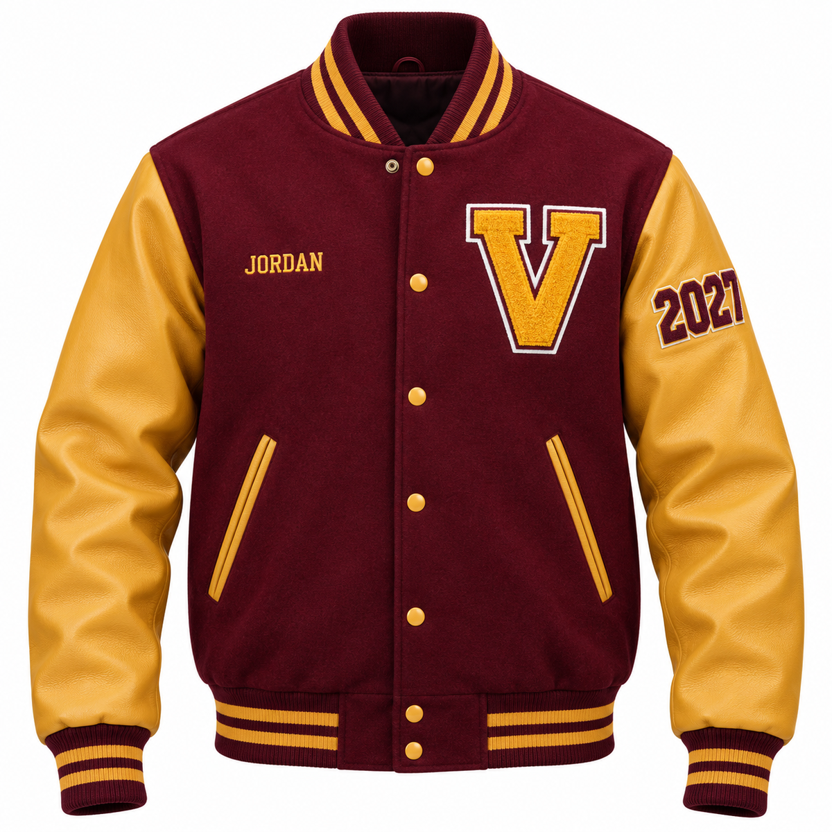 Custom maroon & gold high school letterman jacket with personalized patches