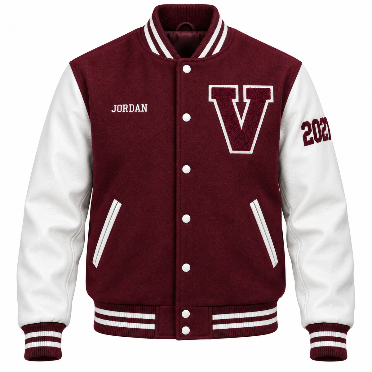 Custom maroon & white high school letterman jacket with personalized patches