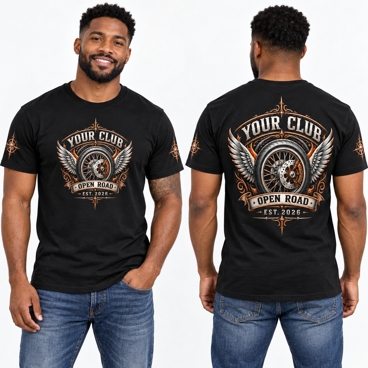Custom Motorcycle & Auto Club printed T-shirt on model