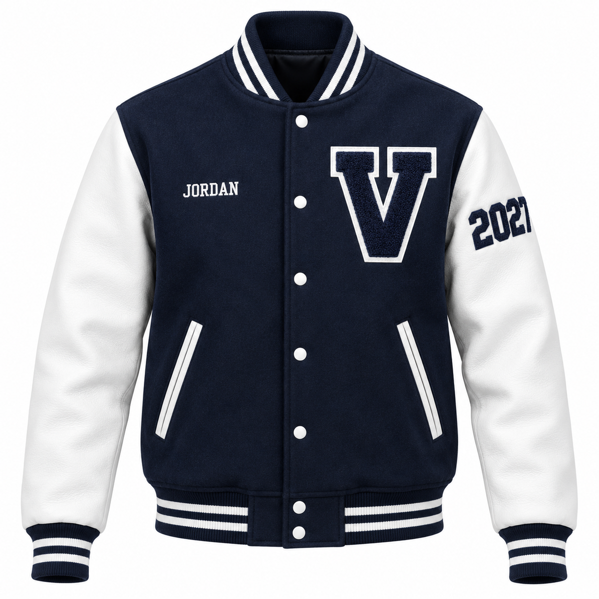 Custom navy & white high school letterman jacket with personalized patches
