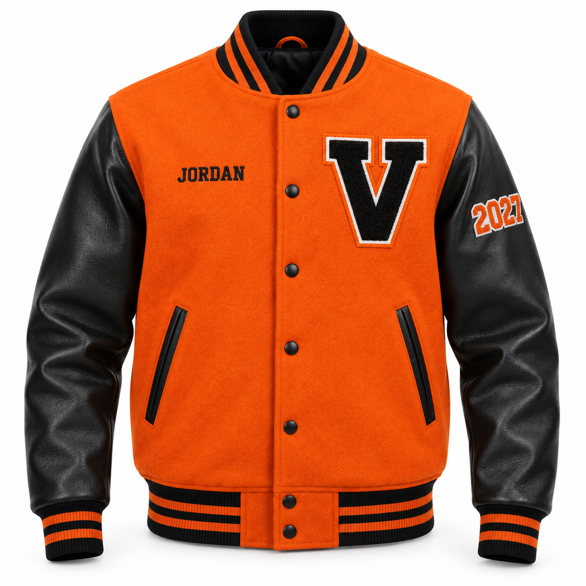 Custom orange & black high school letterman jacket with personalized patches