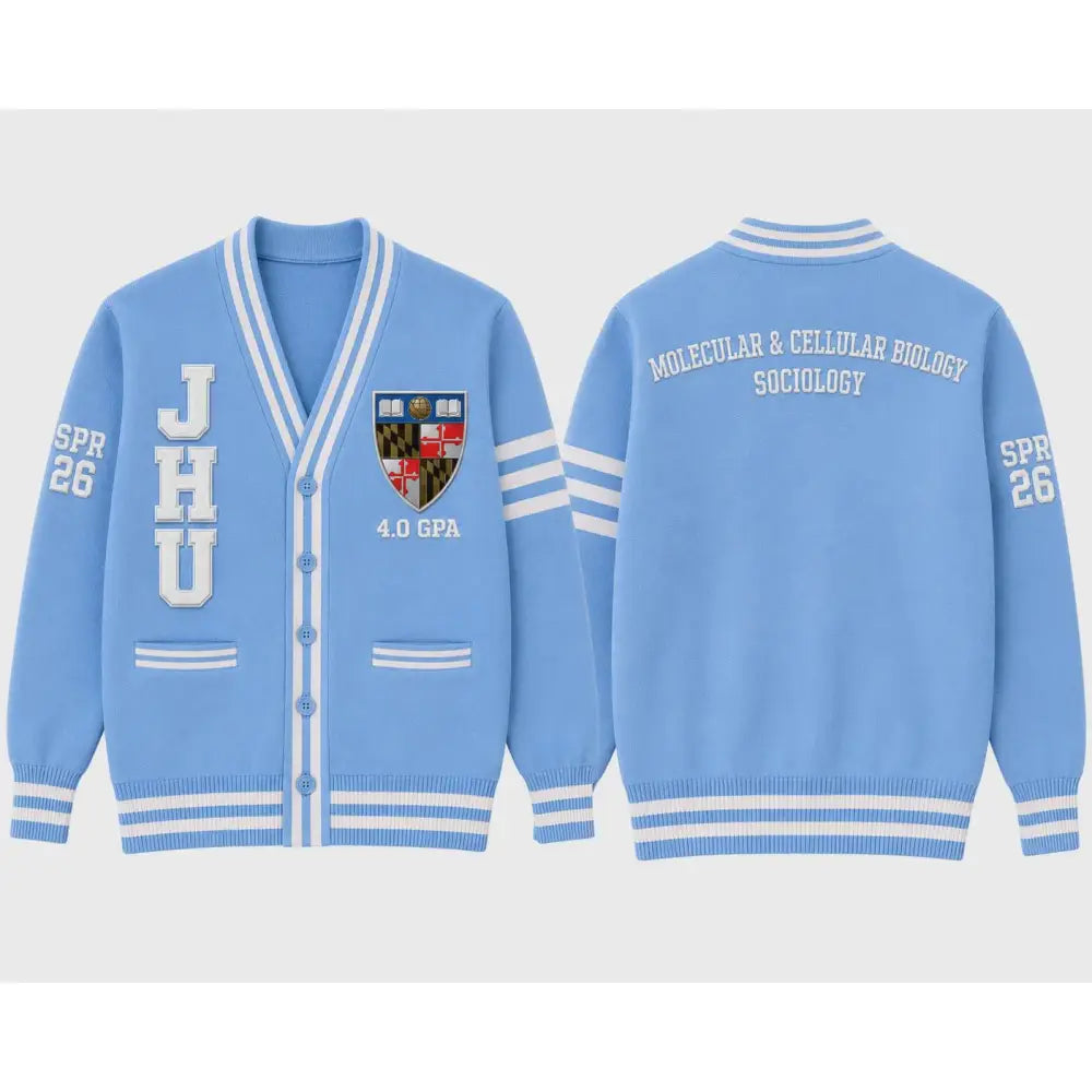 Custom Order cardigan  JHU  Light Blue with white fully customized  Molecular & Cellular Biology, Sociology