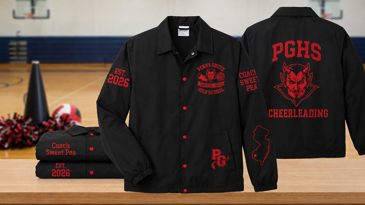 Custom PGHS cheerleading black and red sublimation line jacket front and back