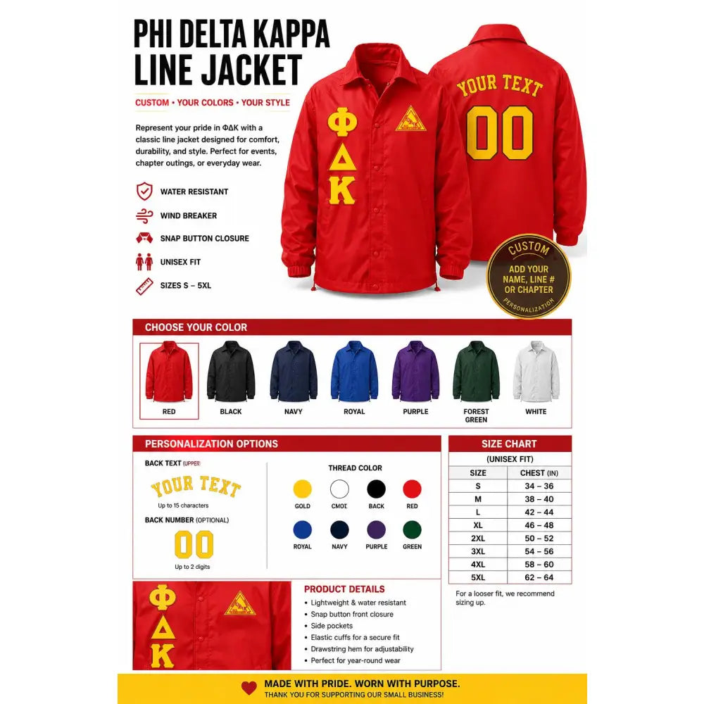 Custom Phi Delta Kappa Line Jacket | Personalized ΦΔΚ Crossing Jacket | Greek Line Jacket | Custom Fraternity Windbreaker Choose Your Colors