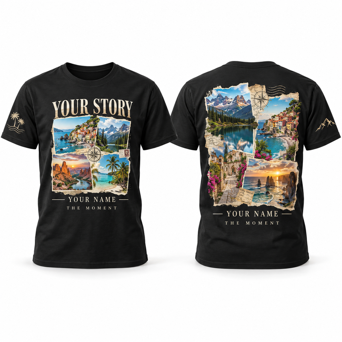 Custom Photo Collage full-color printed black T-shirt front back and sleeve sample