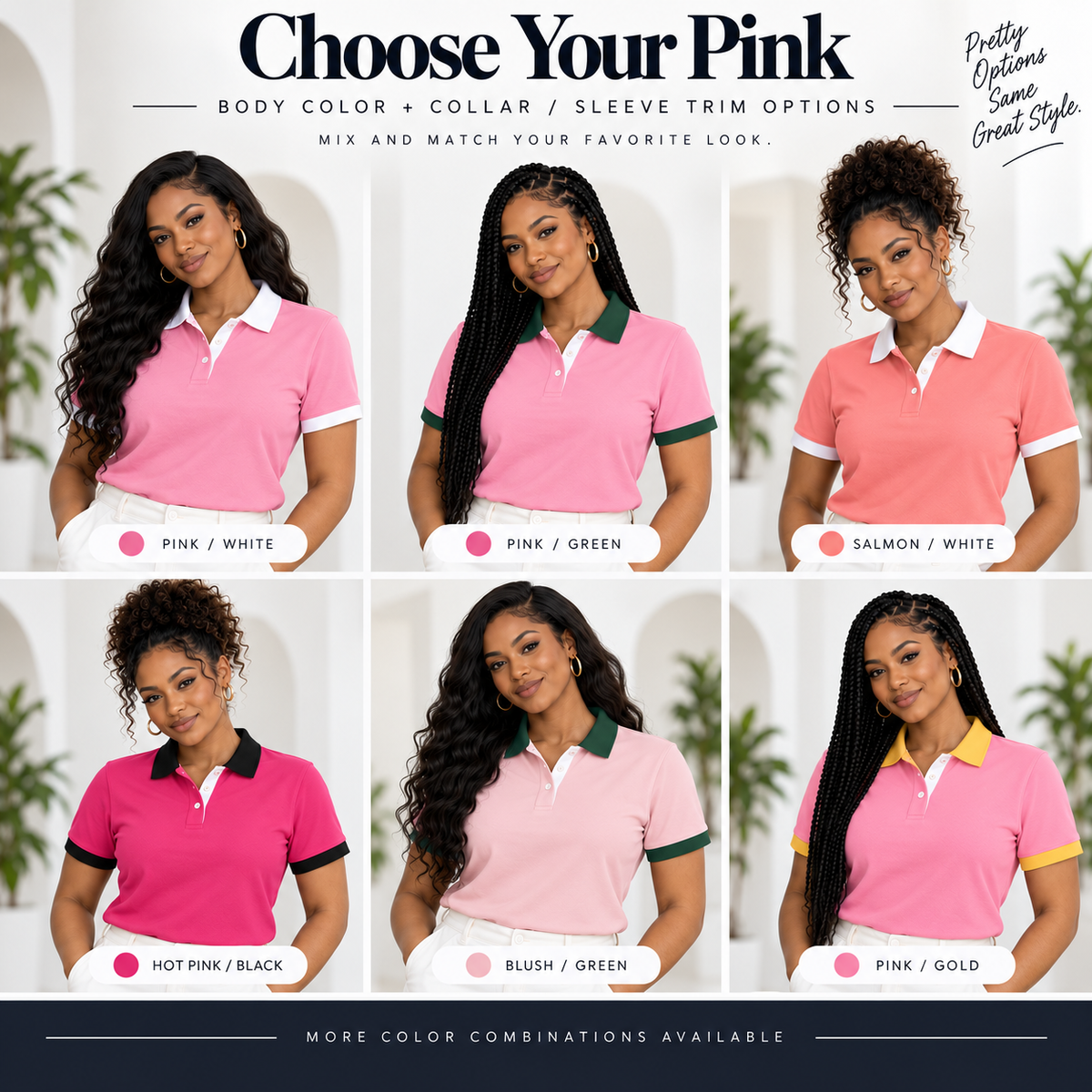 Pink polo body color and collar sleeve trim options
