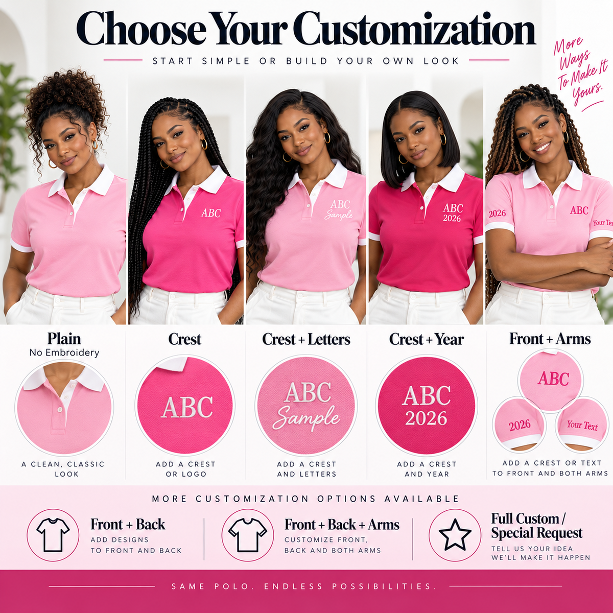 Pink polo embroidery customization options
