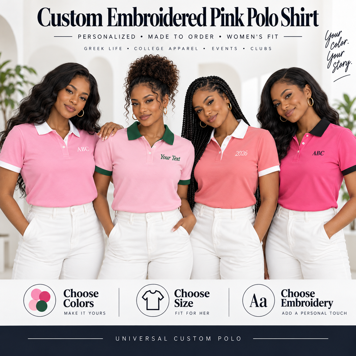 Custom embroidered pink polo shirt on female models