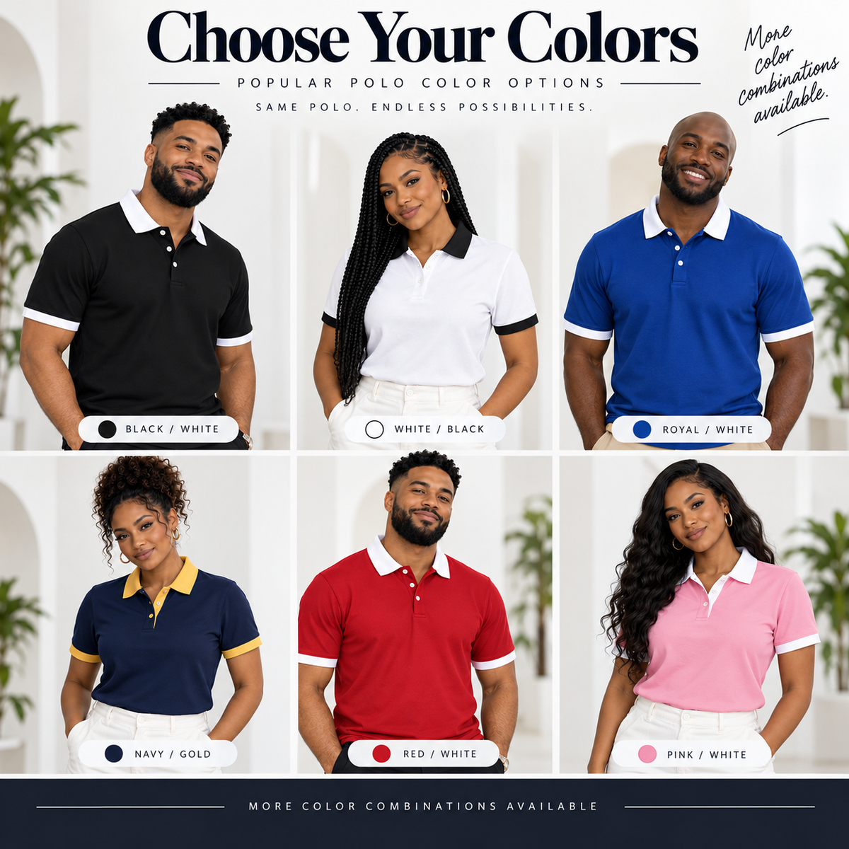 Custom polo body color and contrast collar sleeve trim color choices