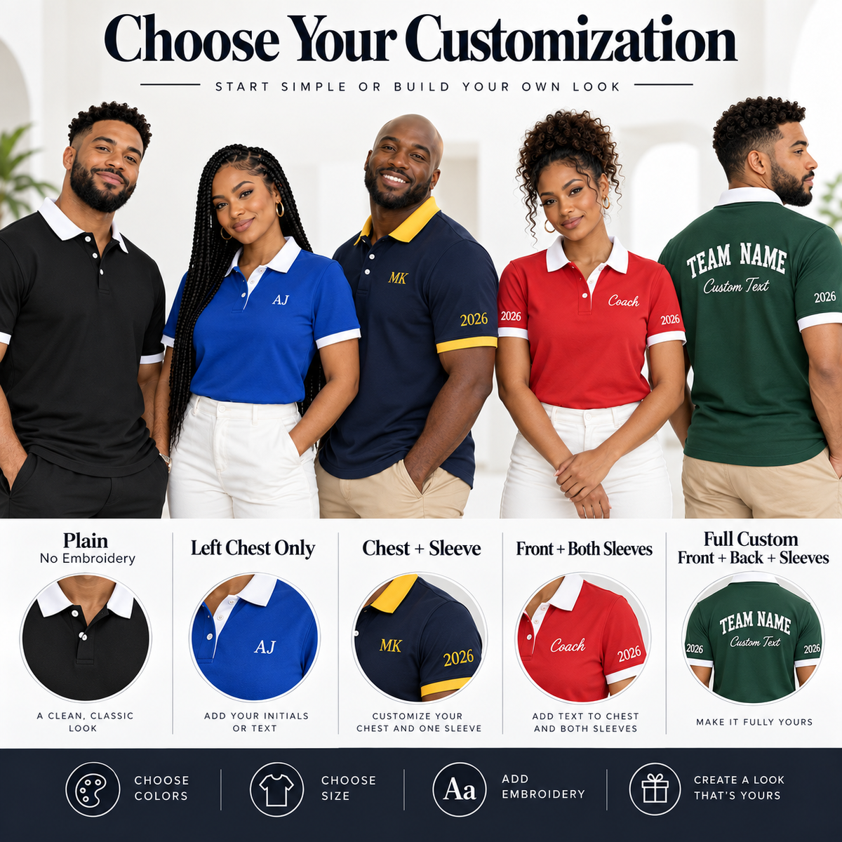 Custom embroidered polo personalization tiers including chest sleeves and back