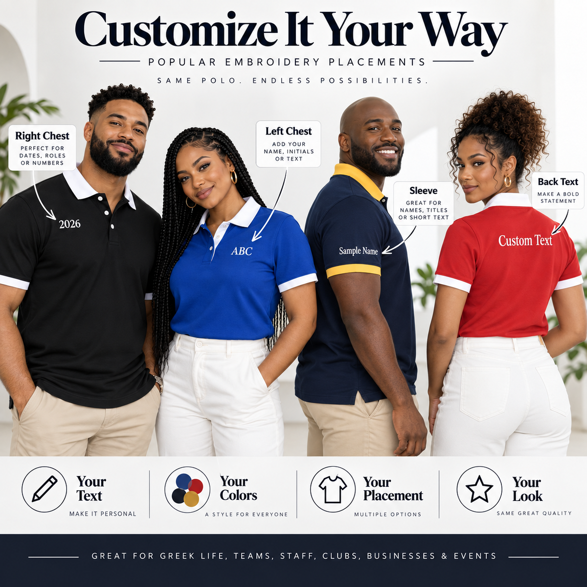 Personalized polo embroidery placement ideas for chest sleeve and back