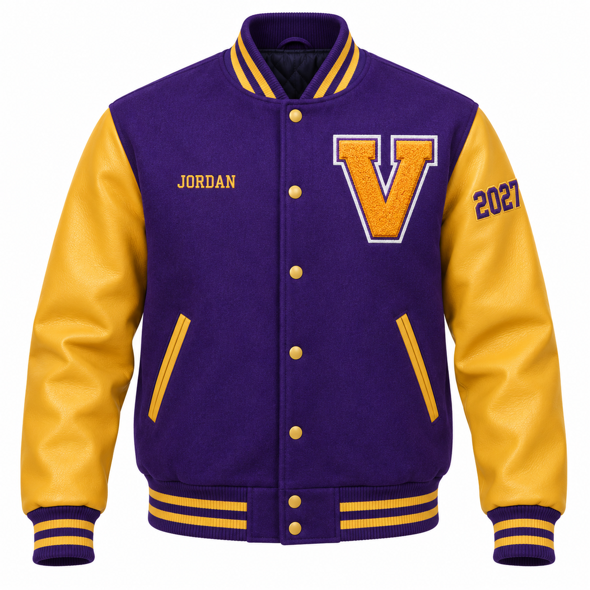 Custom purple & gold high school letterman jacket with personalized patches