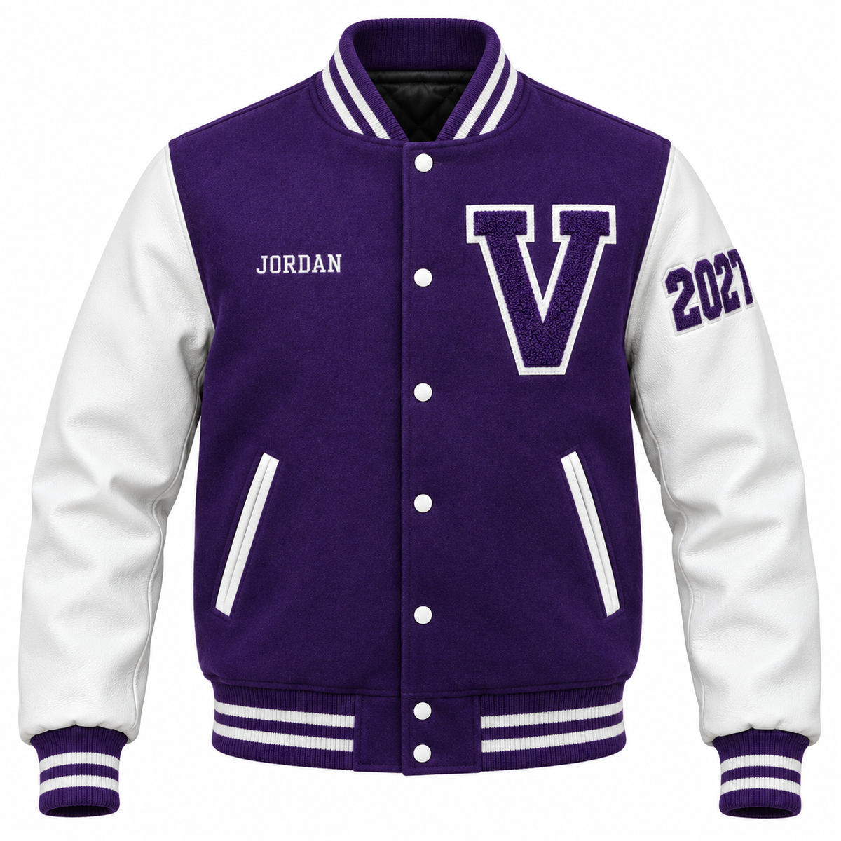 Custom purple & white high school letterman jacket with personalized patches