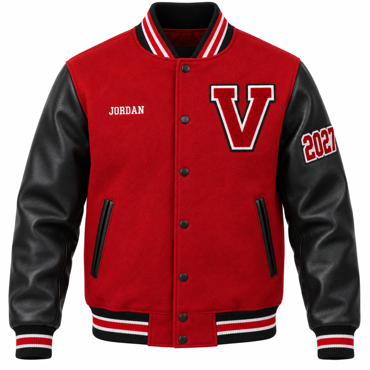 Custom red & black high school letterman jacket with personalized patches