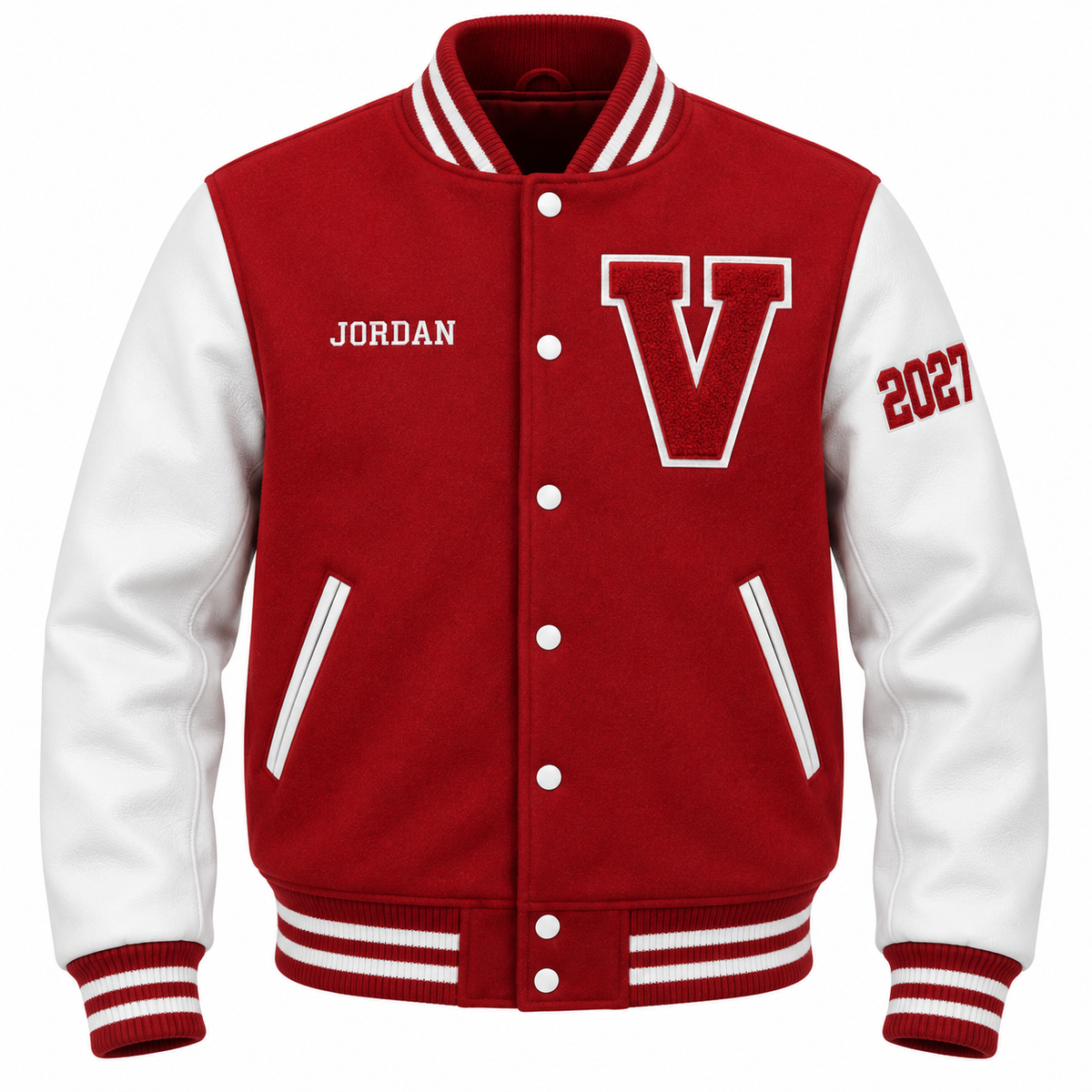 Custom red & white high school letterman jacket with personalized patches