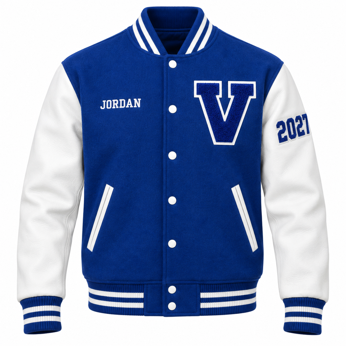 Custom royal blue & white high school letterman jacket with personalized patches