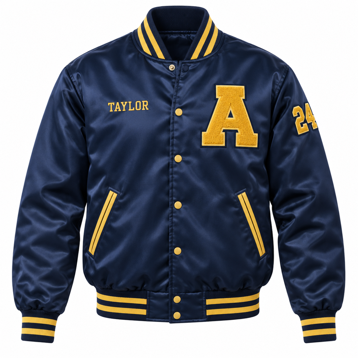 Navy and gold satin custom high school varsity letterman jacket