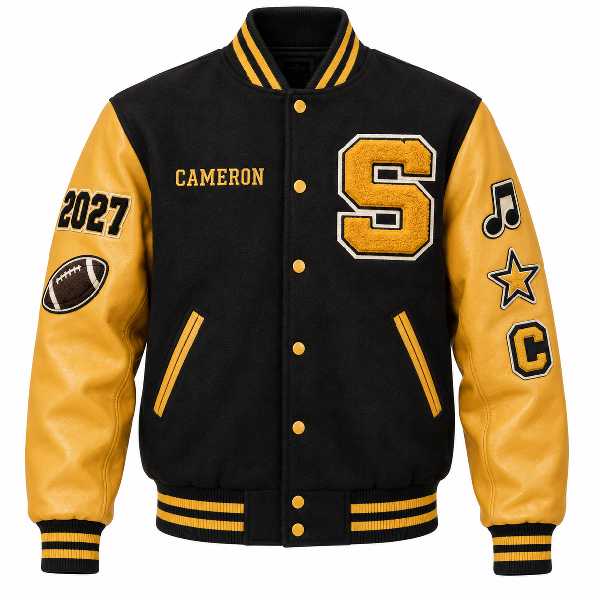 Black and gold senior multi-patch custom high school letterman jacket