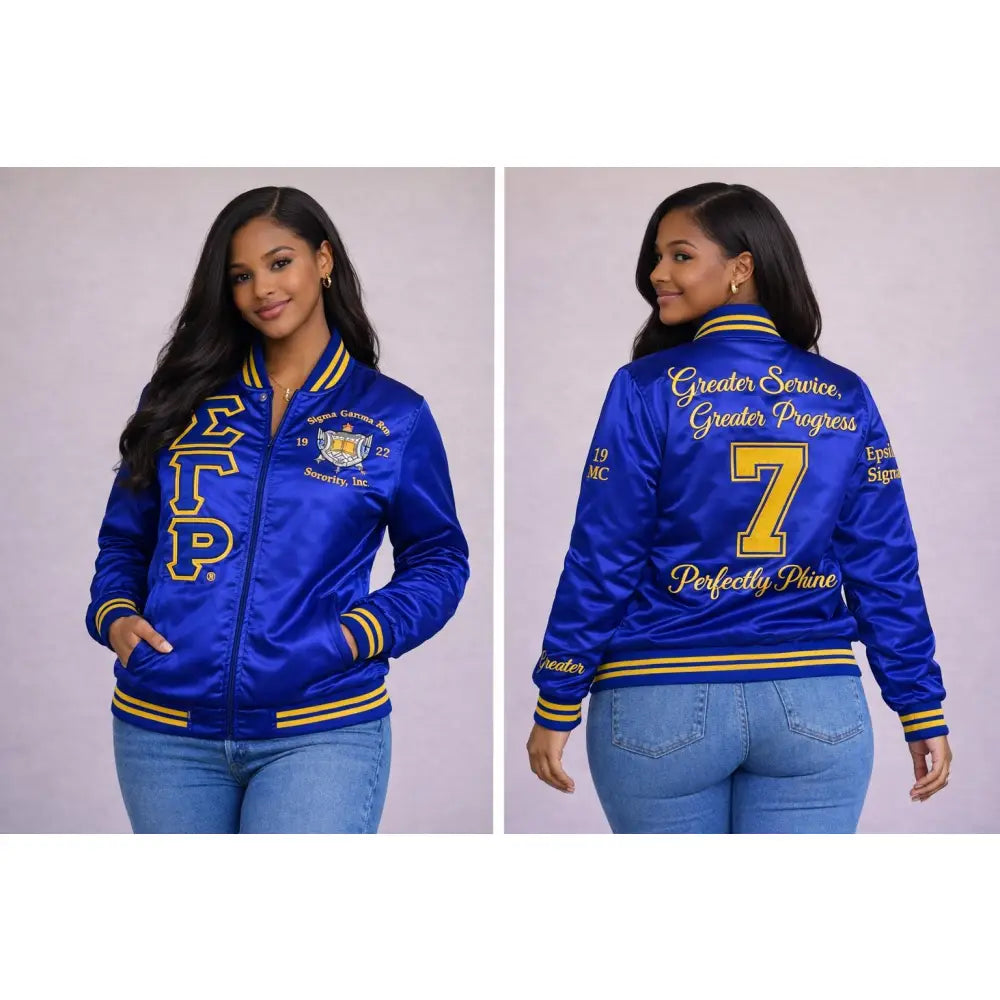 Custom Custom Custom Sigma Gamma Rho Legendary Satin Varsity Jacket, Crossing Jacket, option to Personalize Line Jacket Greater Service Greater Progress | Custom D9 personalized Greek apparel design