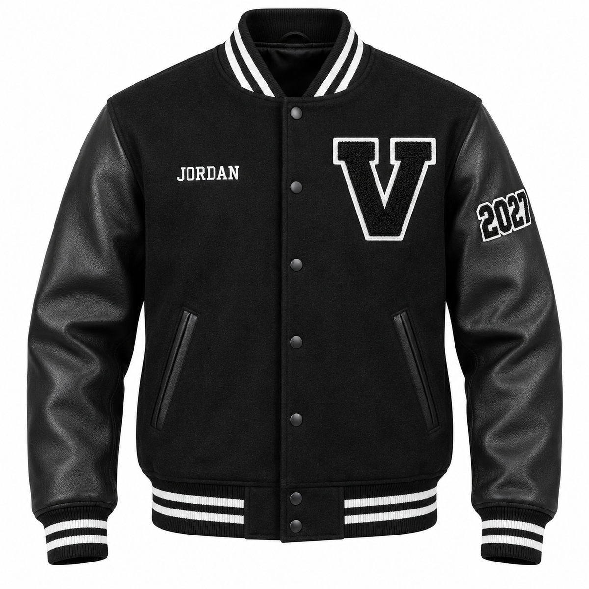 Custom solid black high school letterman jacket with personalized patches