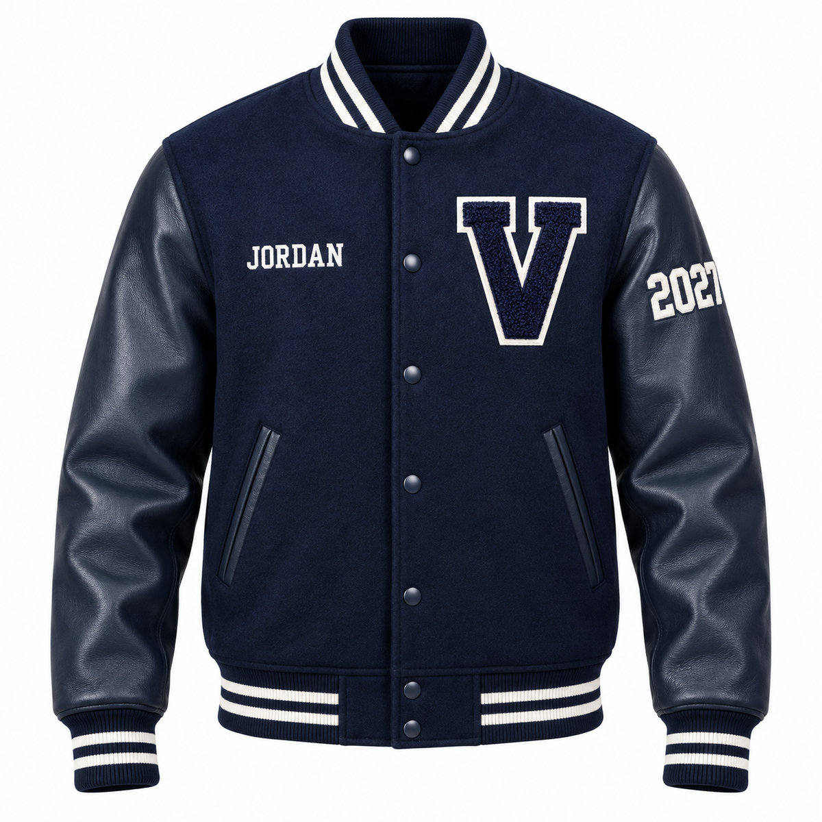 Custom solid navy high school letterman jacket with personalized patches