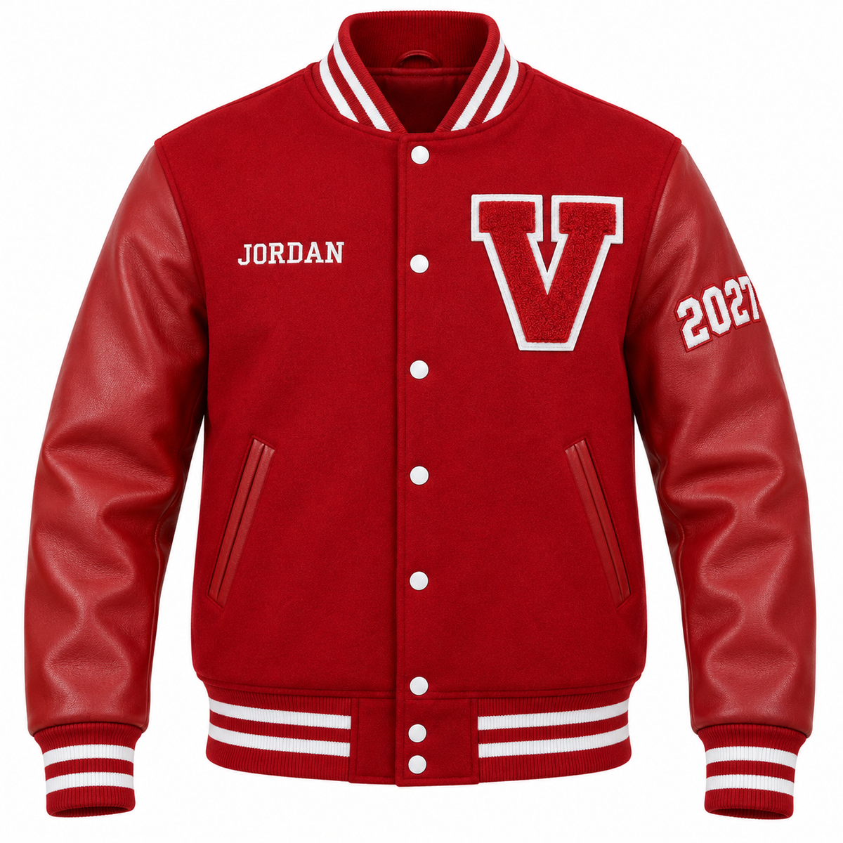 Custom solid red high school letterman jacket with personalized patches