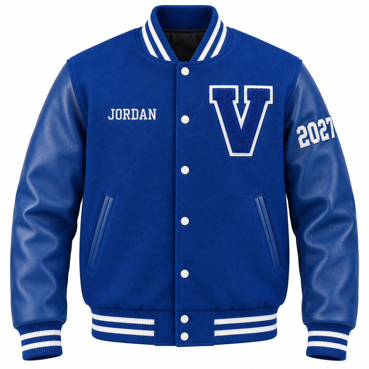 Custom solid royal blue high school letterman jacket with personalized patches