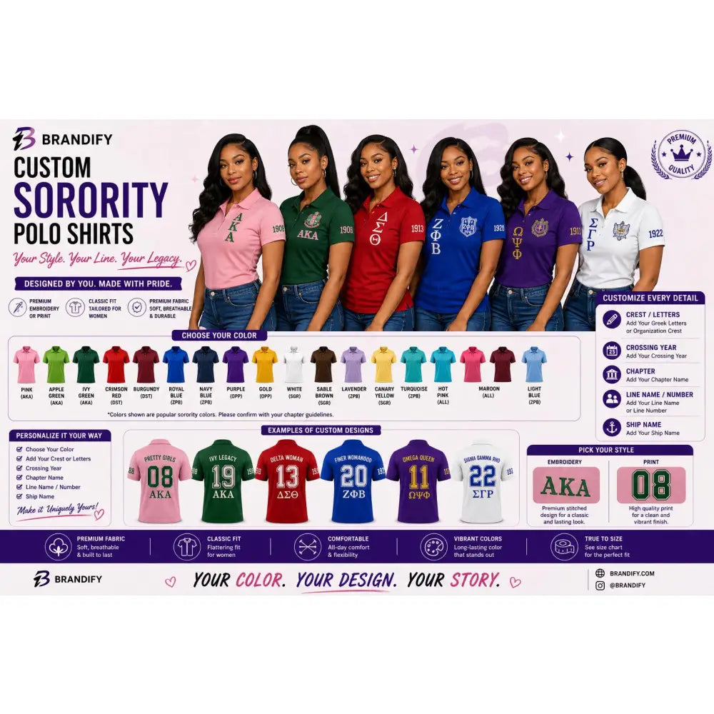 Custom Sorority Fraternity Polo Shirt Personalization Options Greek Apparel Line Name Number Chapter Crossing Year Custom Color Polo Shirt