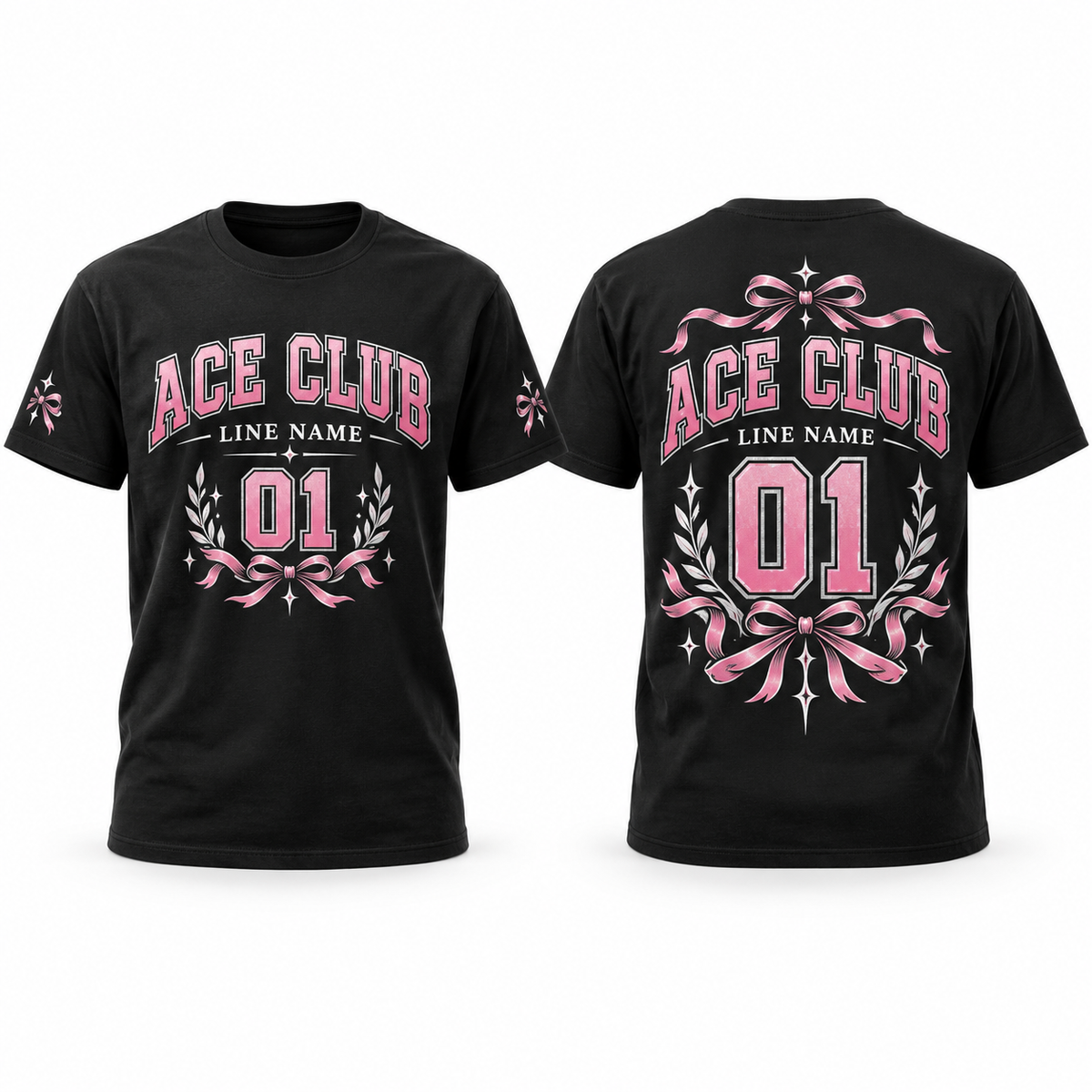 Custom Sorority Line full-color printed black T-shirt front back and sleeve sample