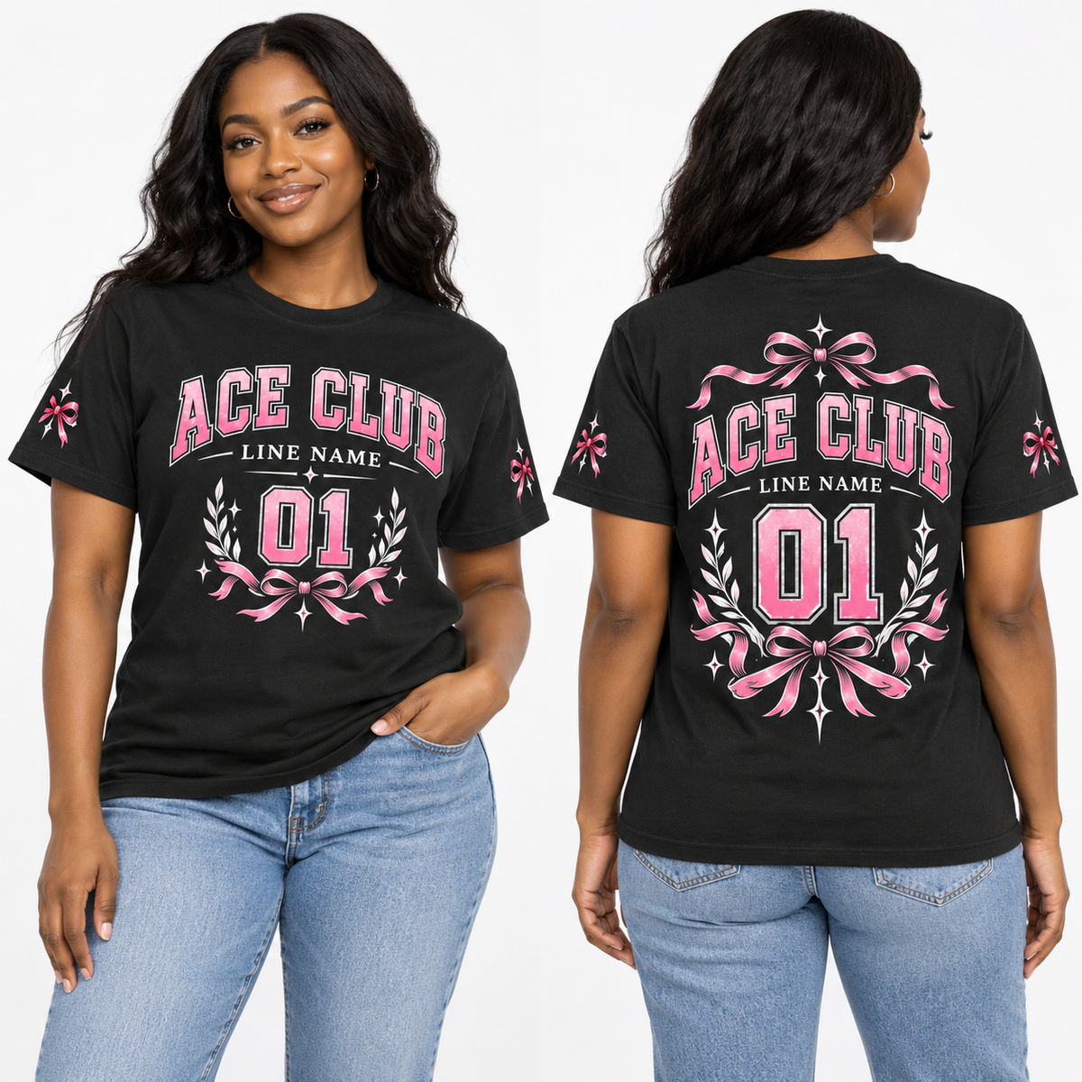 Custom Sorority Line full-color printed T-shirt on model