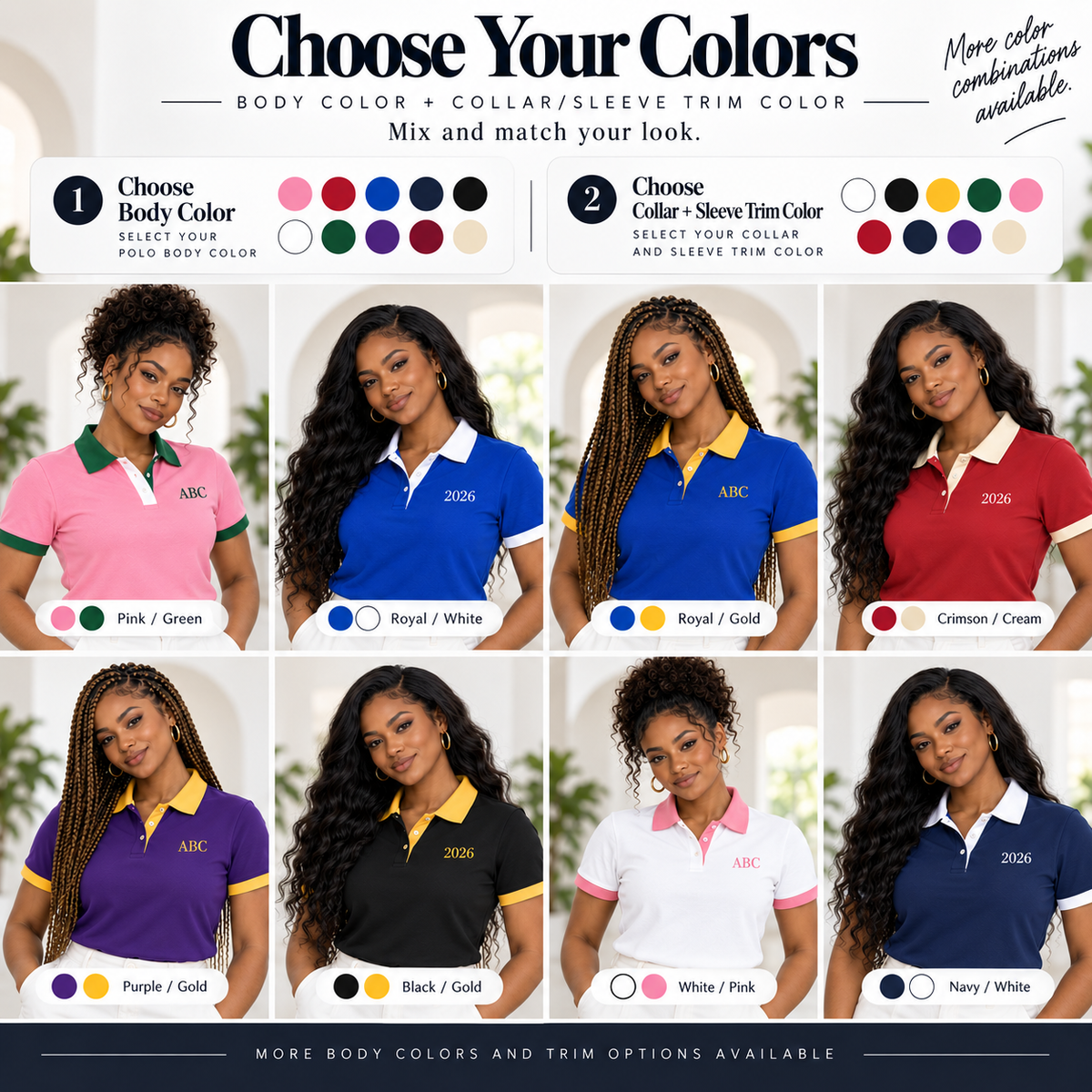 Women’s custom polo body color and collar sleeve trim options