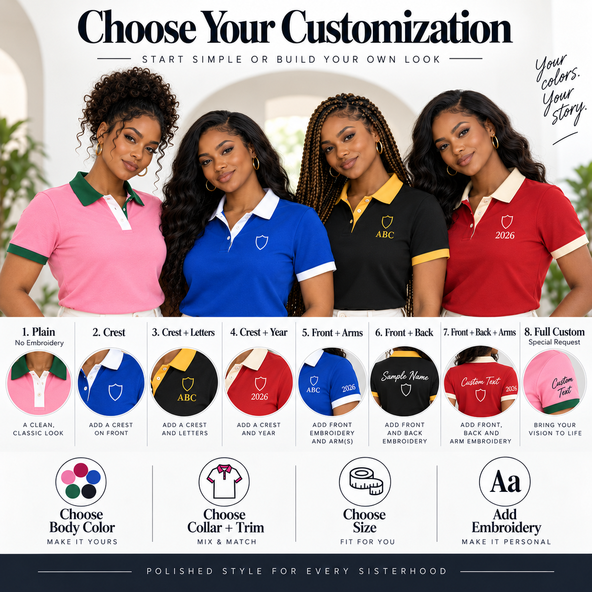 Sorority polo customization tier examples including crest letters year sleeves and back