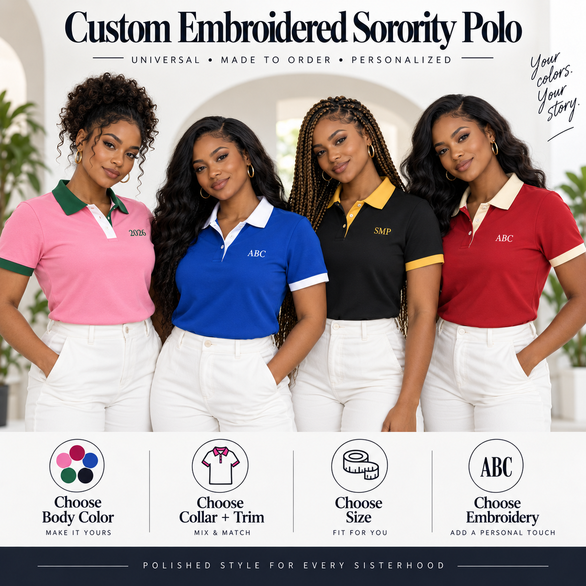 Custom embroidered sorority polo shirts on female models