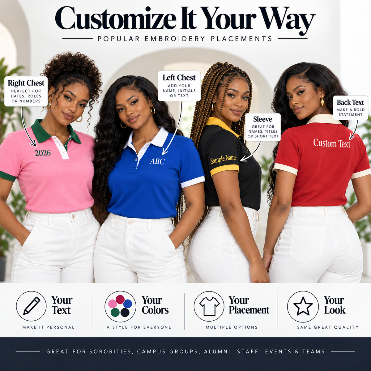 Embroidery placement ideas for custom women’s sorority polo shirts