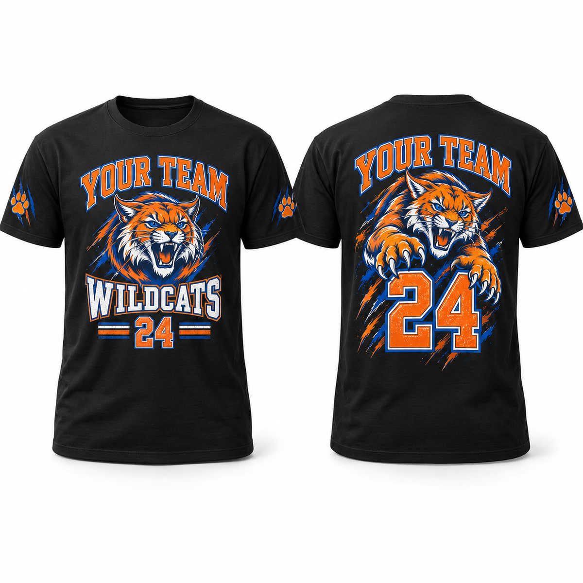Custom Sports Team & Fan full-color printed black T-shirt front back and sleeve sample