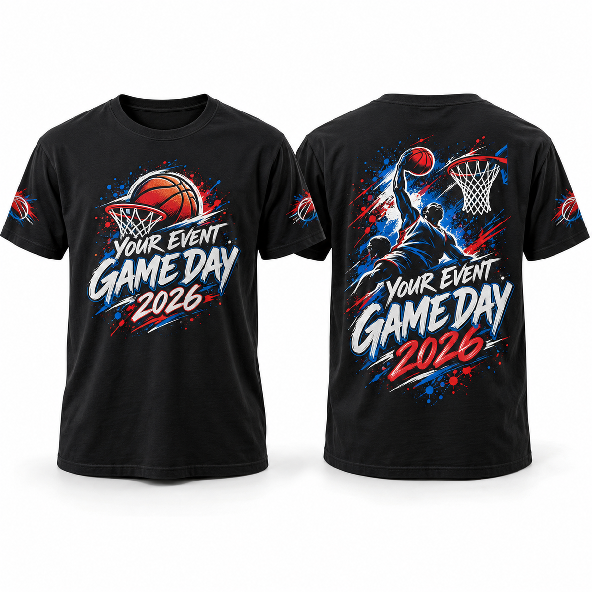Custom Tournament & Event full-color printed black T-shirt front back and sleeve sample