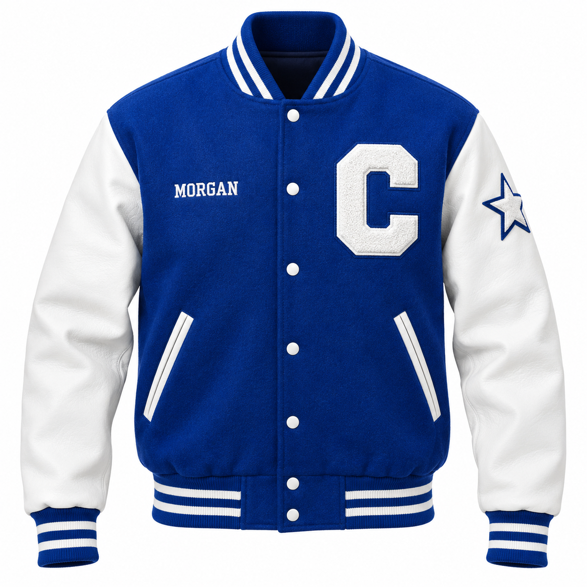 Royal blue wool and white leather-look sleeve custom high school letterman jacket