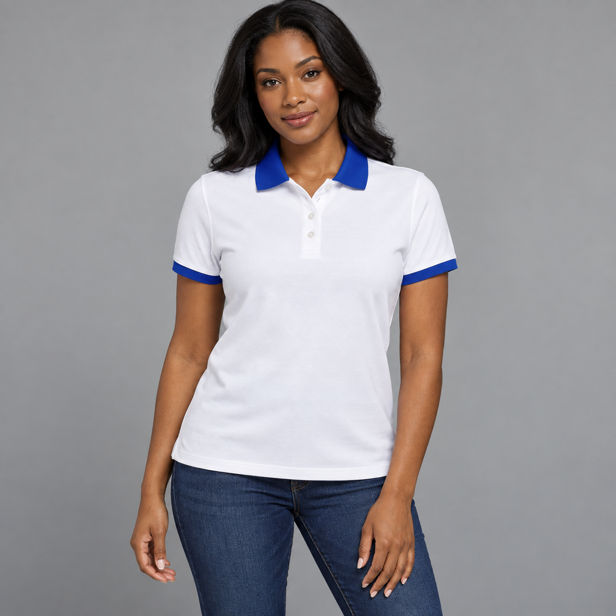 Blank white polo with royal blue collar and sleeve trim on a model