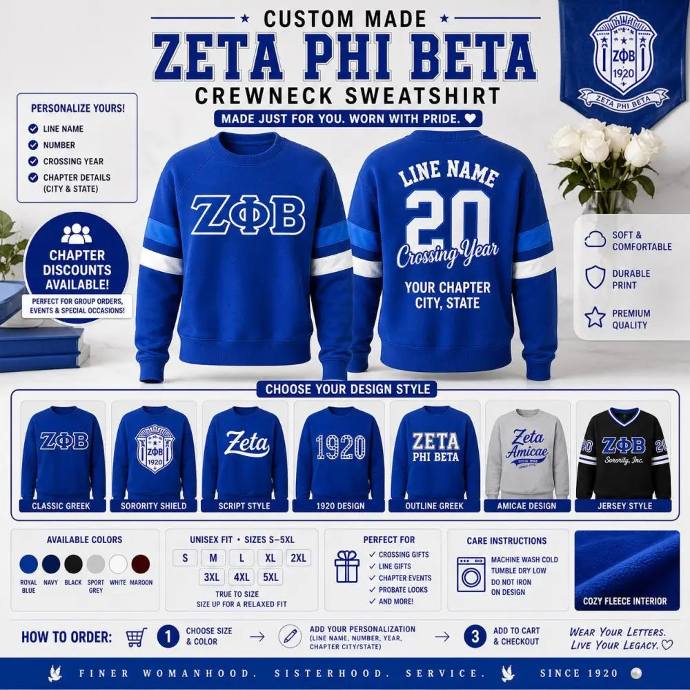 Custom Custom Custom Zeta Phi Beta Crewneck Sweatshirt | ZΦB Sorority | Personalized Line Name Number Year Chapter | Zeta Phi Beta Gift | Zeta Crewneck | Custom D9 personalized Greek apparel design