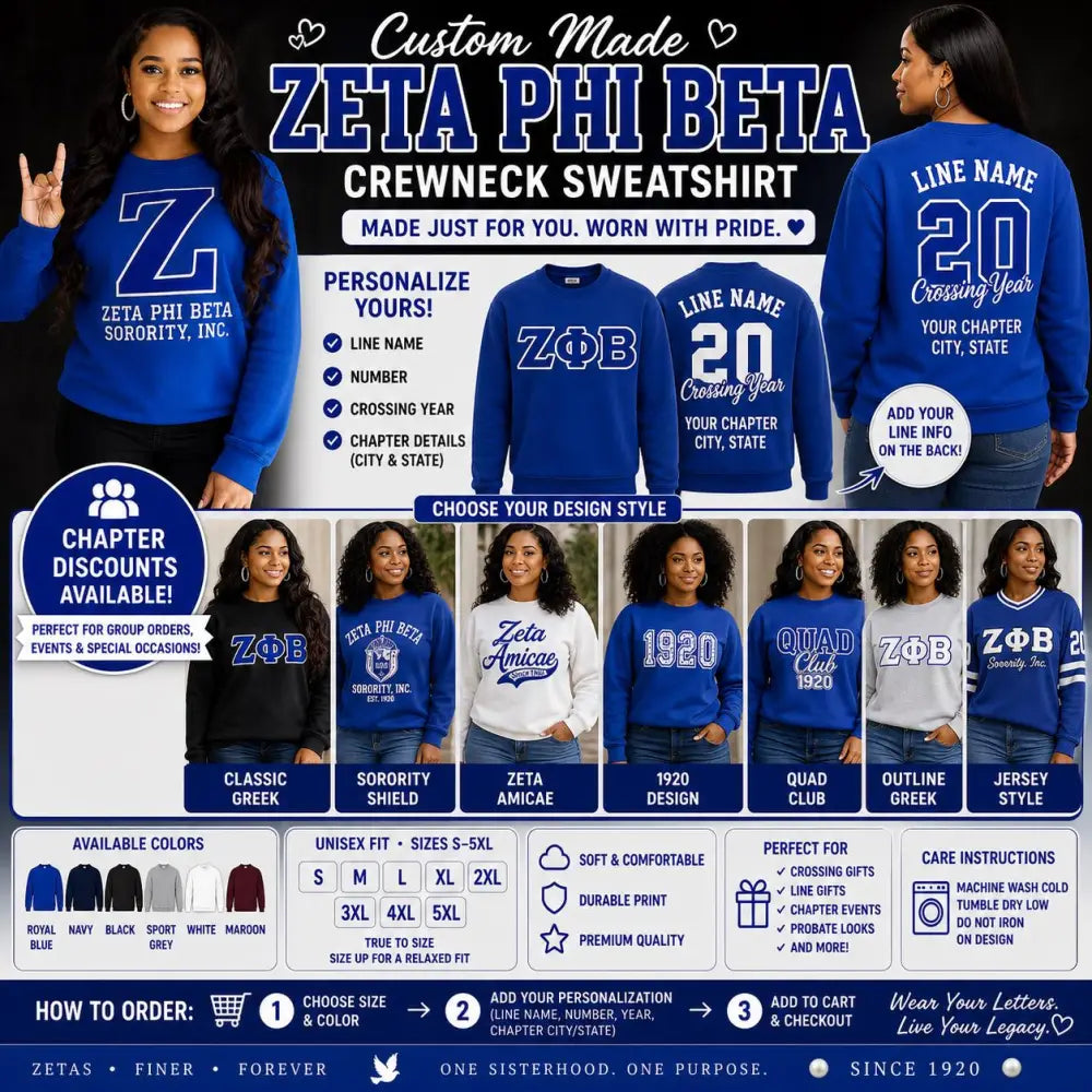 Custom Zeta Phi Beta Crewneck Sweatshirt | ZΦB Sorority | Personalized Line Name Number Year Chapter | Zeta Phi Beta Gift | 1920 Crewneck