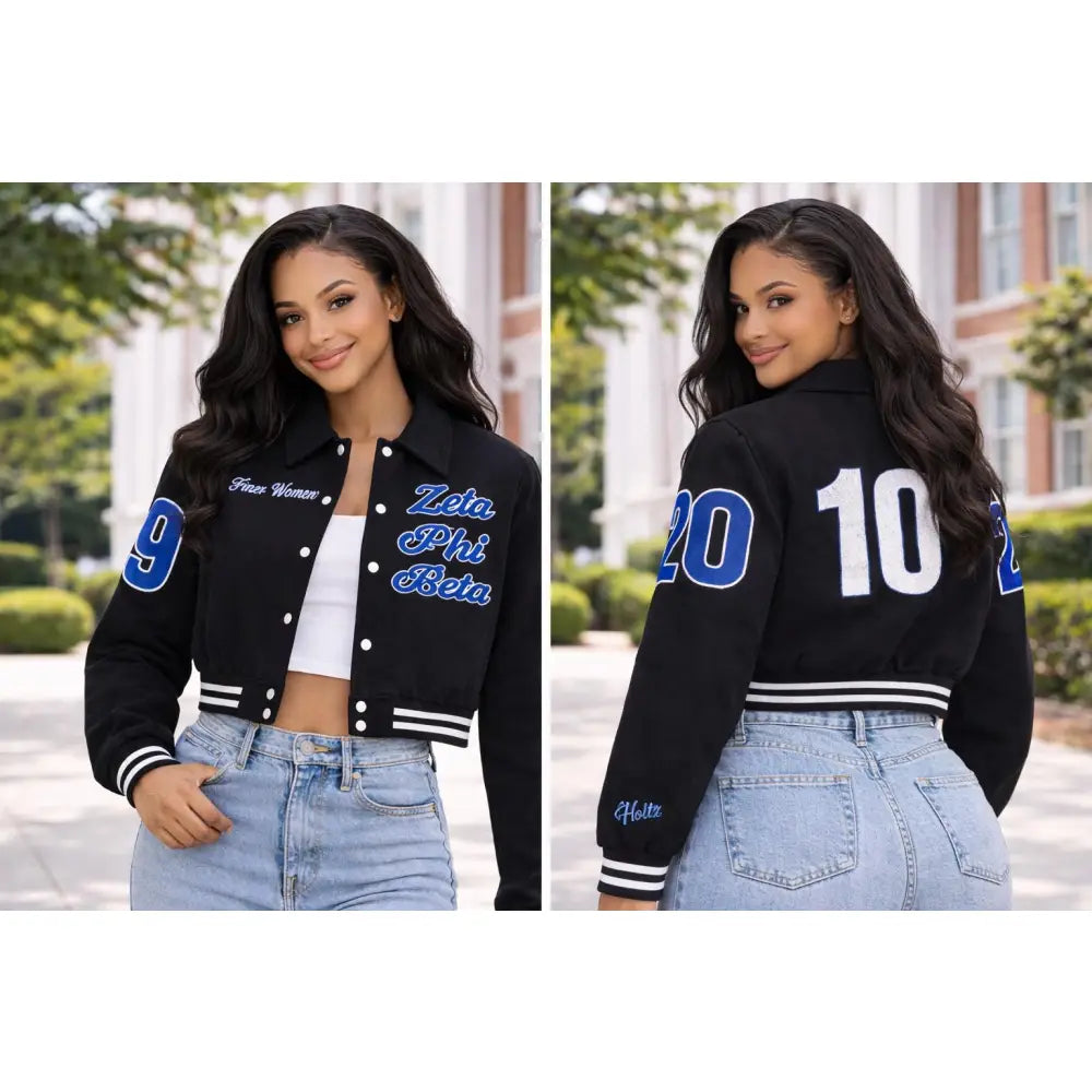 Custom Custom Custom Zeta Phi Beta Crop Jacket Varsity wool Jacket Personalized with Line Name Number & Year, Finer Woman Discount for Chapters 1920 Black | Custom D9 personalized Greek apparel design