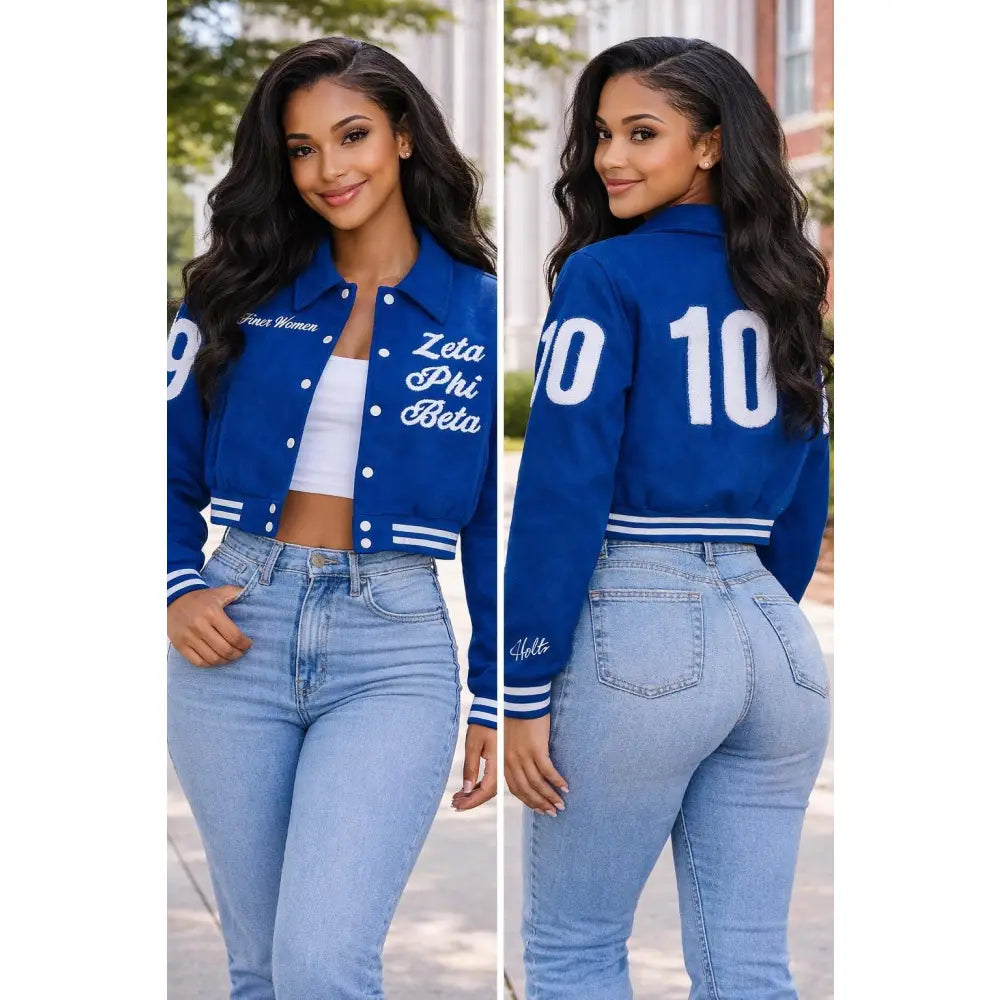 Custom Custom Custom Zeta Phi Beta Crop Jacket Varsity wool Jacket Personalized with Line Name Number & Year, Finer Woman Discount for Chapters 1920 | Custom D9 personalized Greek apparel design
