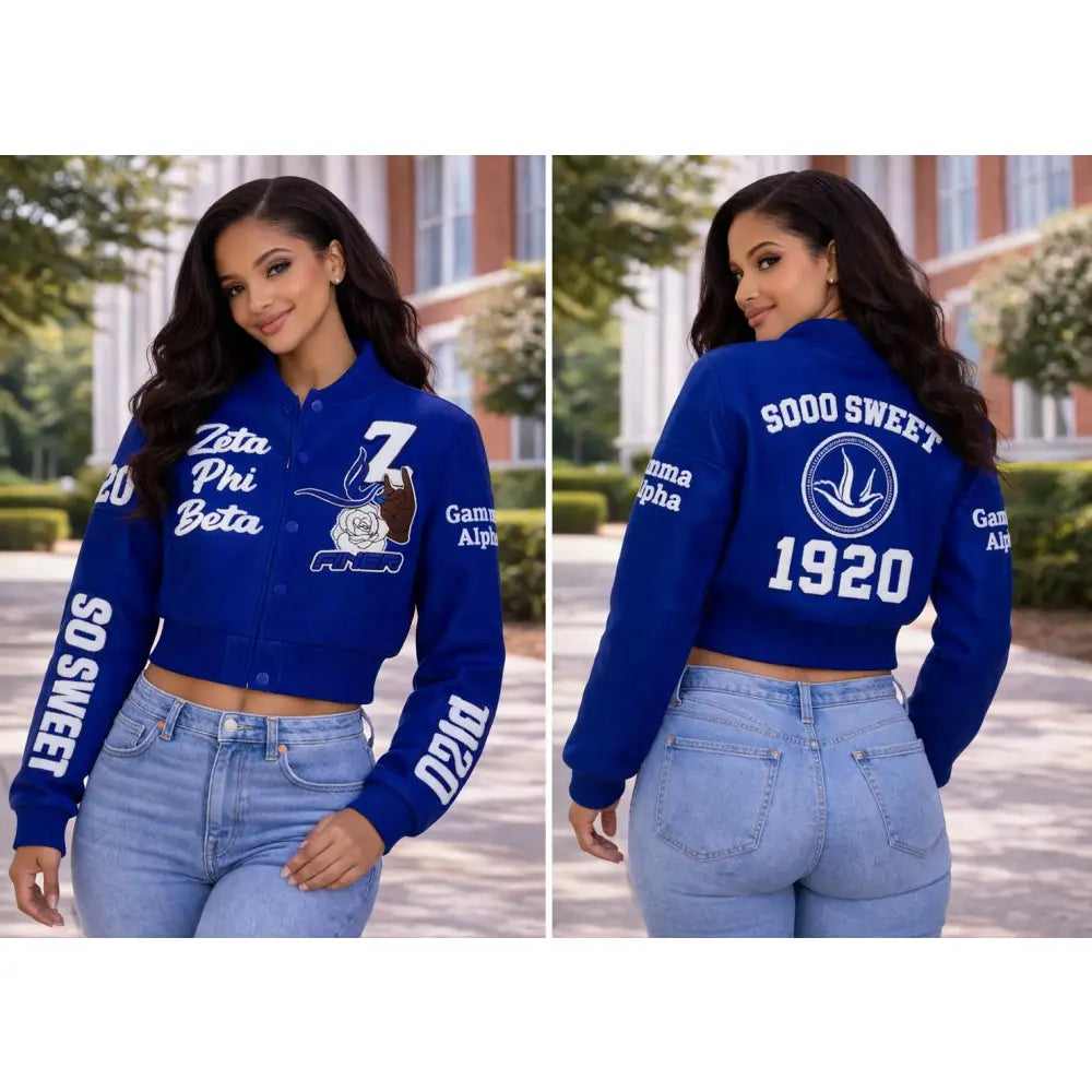 Custom Custom Custom Zeta Phi Beta Graffiti Crop Jacket wool Jacket Personalized with Line Name Number & Year, Finer Woman Discount for Chapters 1920 | Custom D9 personalized Greek apparel design